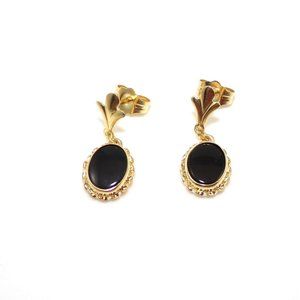 14K Yellow Gold Black Onyx Oval Dangle Earrings